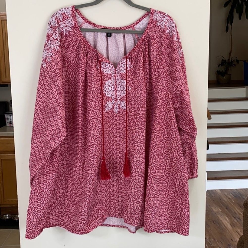 Ellos  Women’s Plus Embroidered  Tassel Tie Peasant Blouse Tunic Top